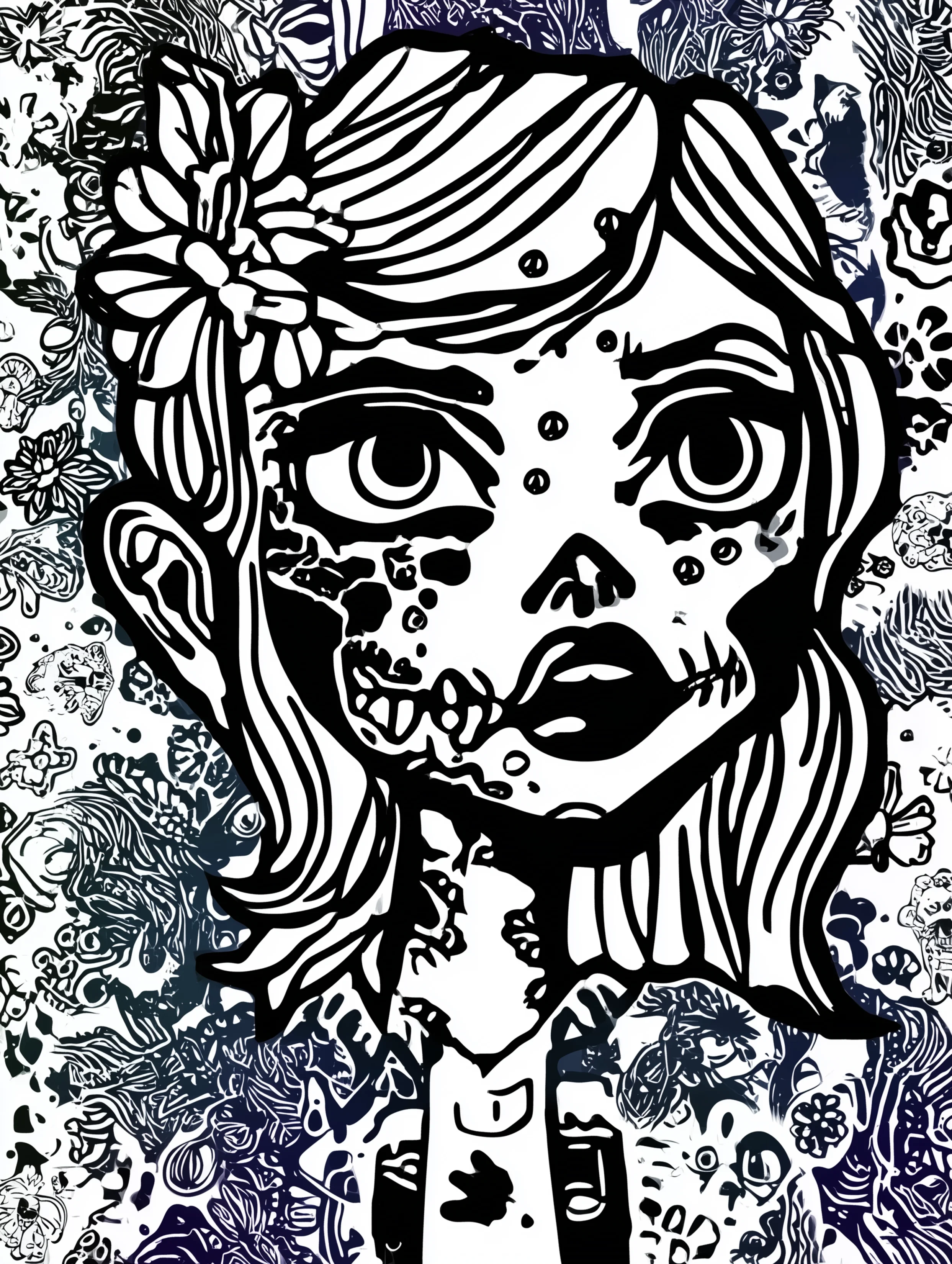 Free printable zombie coloring page for adults featuring an agape zombie girl